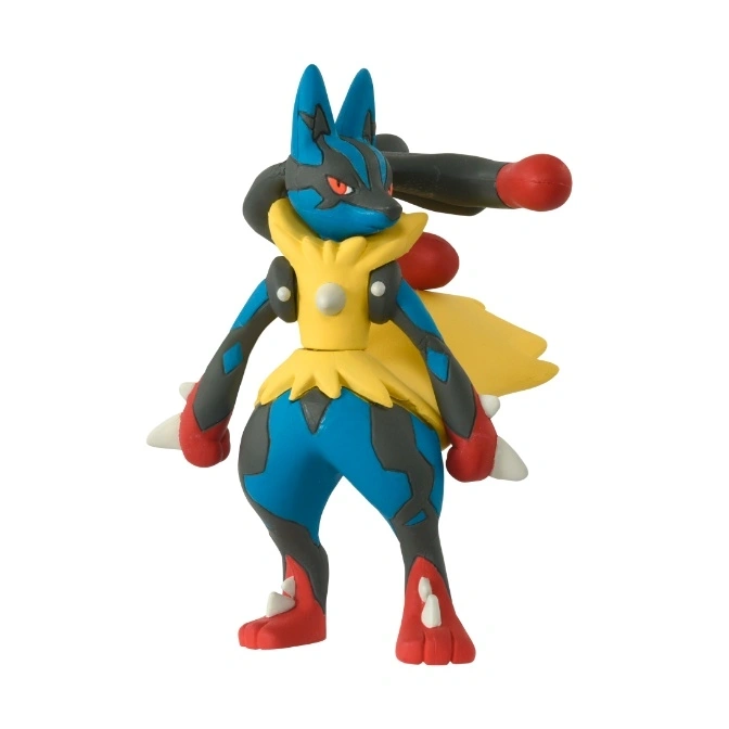 Lucario toy figure in a standing pose, featuring blue, yellow, red, and black colors.