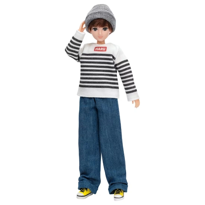  Haru doll in striped shirt, jeans, beanie, and yellow sneakers.