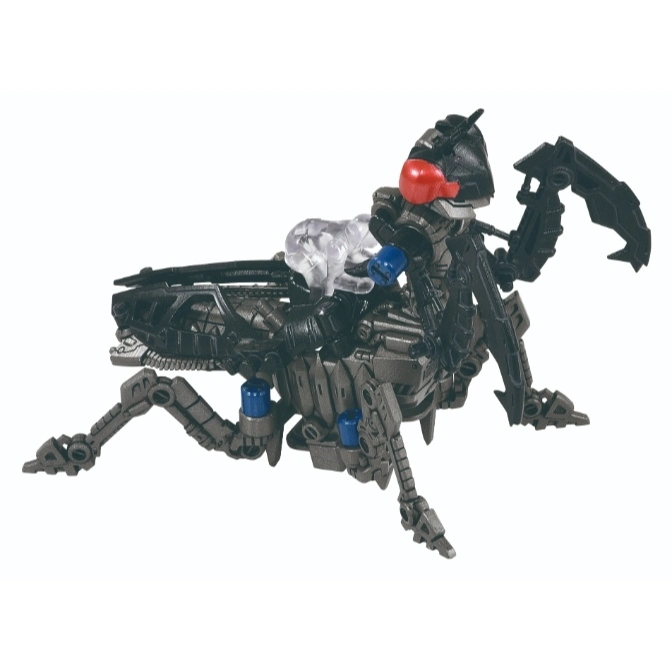 Black robotic insect toy with red eye and clear bubble, featuring articulated legs and scythe-like arm.