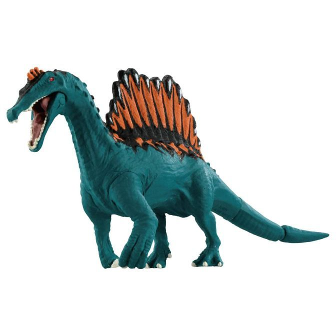 Teal Spinosaurus toy with orange sail and open mouth.