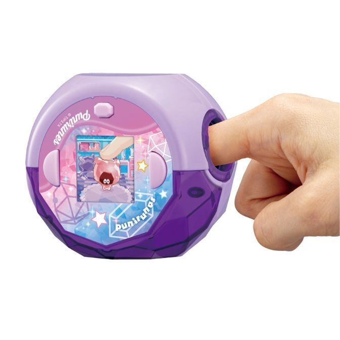  Purple Punirunes toy with a finger pressing into the side, interacting with a character on the screen.