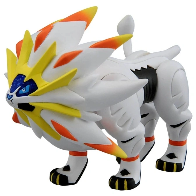 Solgaleo toy figure, white lion-like Pokémon with yellow and orange accents.