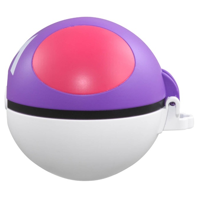 Purple and white Pokémon ball toy with a pink center and black band.