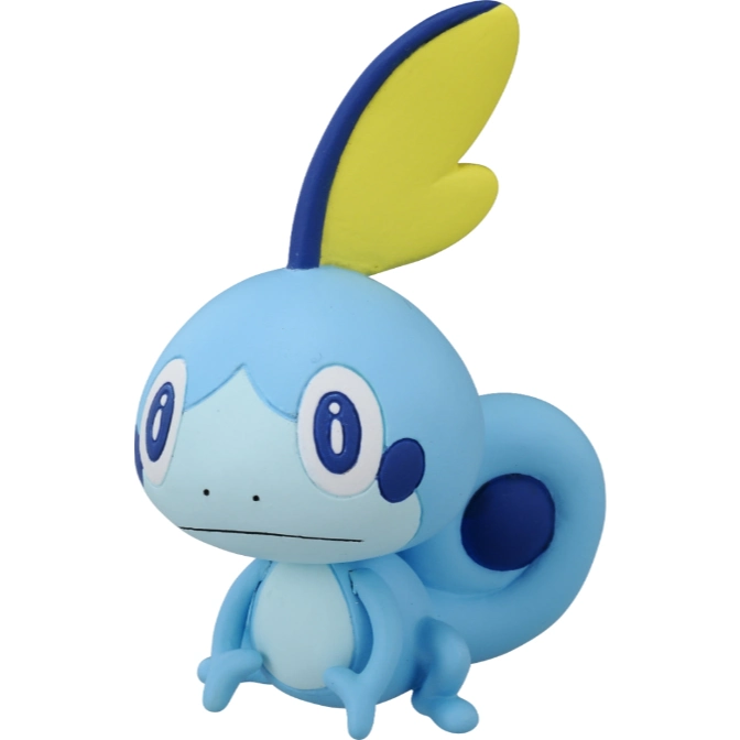 Sobble toy figure with blue body, yellow fin, and coiled tail.