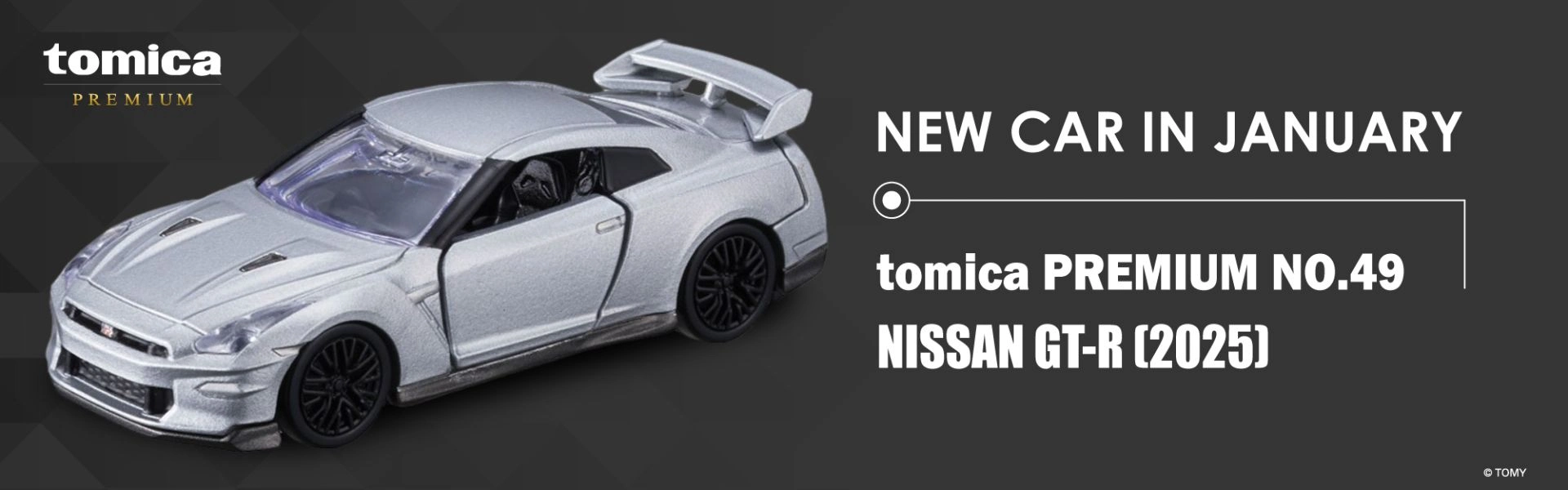 Tomica Premium promotional banner featuring No. 49 Nissan GT-R in silver.