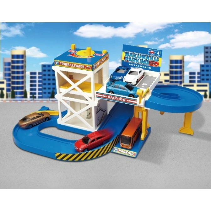 Toy parking garage with cars on ramps and in elevator. Sign reads "Wakuwaku Parking".