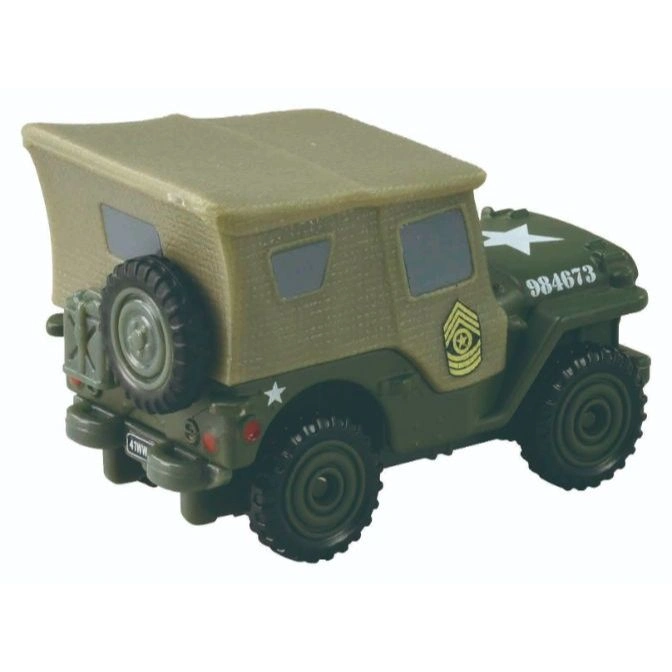  Olive green toy military jeep with canvas top, spare tire, and white star and number markings.