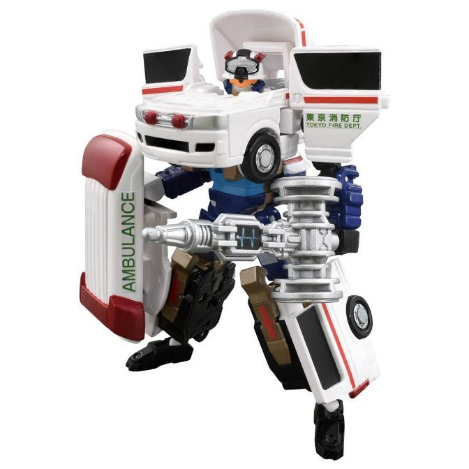  Ambulance transformer toy with white, red, and black details in robot mode.