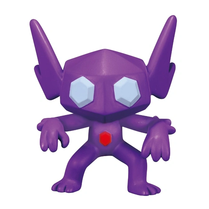 Purple Sableye toy figure with gem on chest and geometric head.