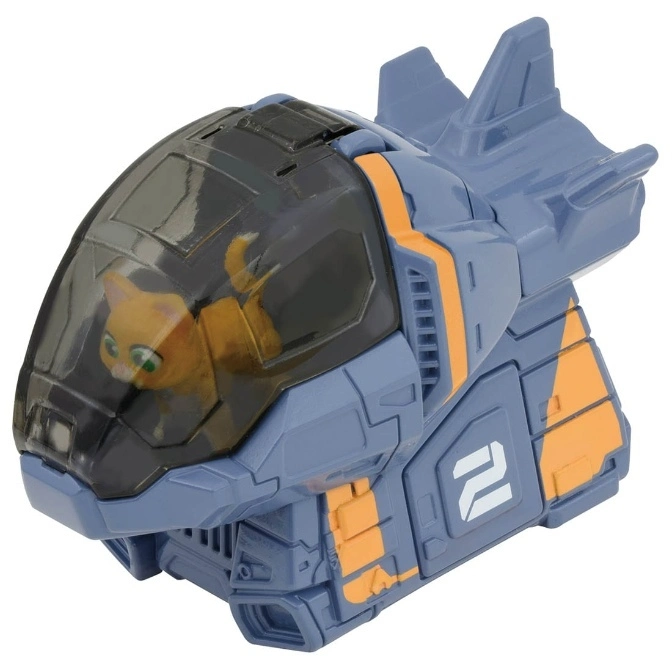 Blue spaceship toy with orange accents and a cat figure inside the cockpit.