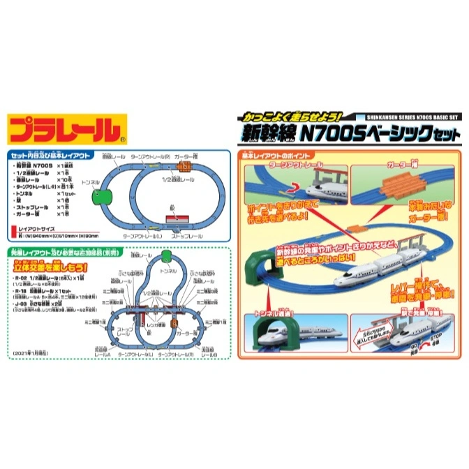  Plarail N700S basic set box: train, tracks, tunnel, and garter bridge layout diagrams.