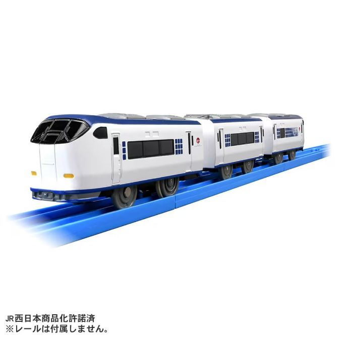 A toy train with a white body and blue trim is on a blue track.