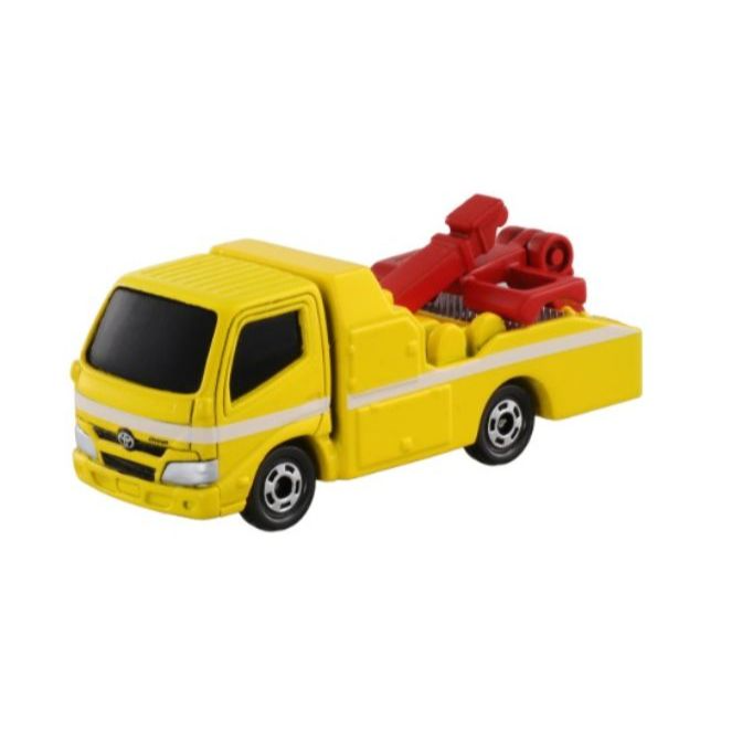 Yellow toy tow truck with red crane arm.