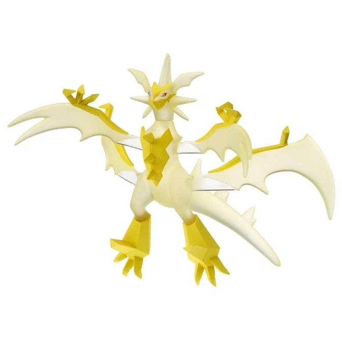 White and yellow dragon-like toy figure with wings outstretched.