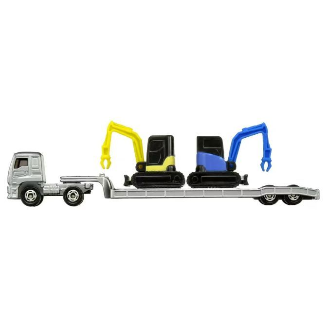  Toy truck carrying two mini excavators, one yellow and one blue.