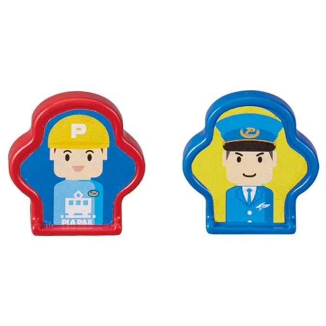  Two toy figures: a construction worker with a hard hat and a train conductor with a hat.