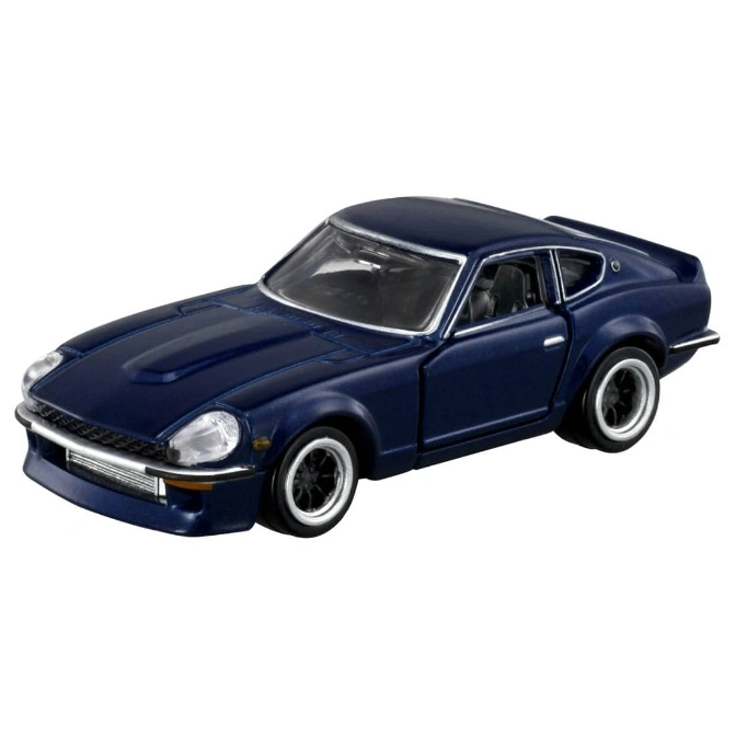 Blue Datsun 240Z toy car with silver trim and black wheels.