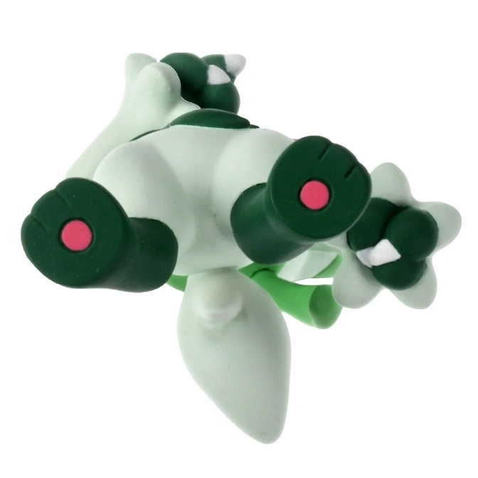  A toy Gossifleur Pokémon figure with green and white coloring, viewed from below.