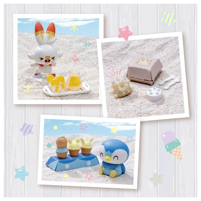  Pokémon toy set: Scorbunny with juice, box with treats, and Piplup with ice cream.