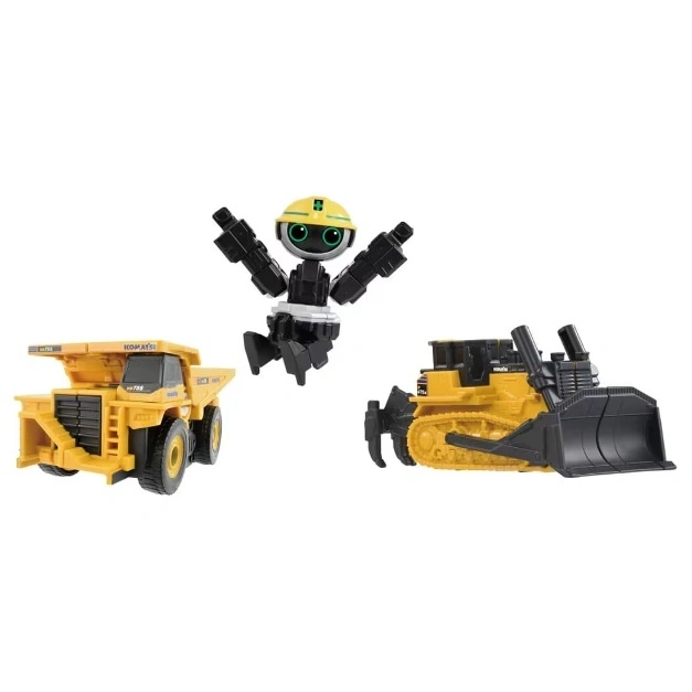  Toy construction vehicles: dump truck, bulldozer, and robot construction worker.