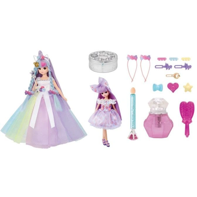  Rainbow unicorn doll with accessories: smaller doll, perfume, brush, hair clips, and jewelry box.
