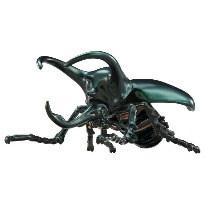  Shiny green Hercules beetle toy with prominent horns and detailed legs.
