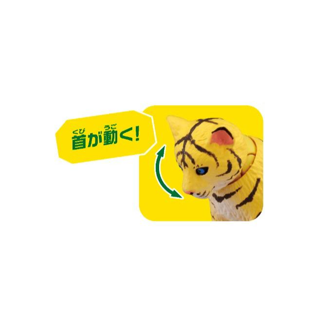  Toy tiger with a rotating head, indicated by a green arrow and Japanese text.