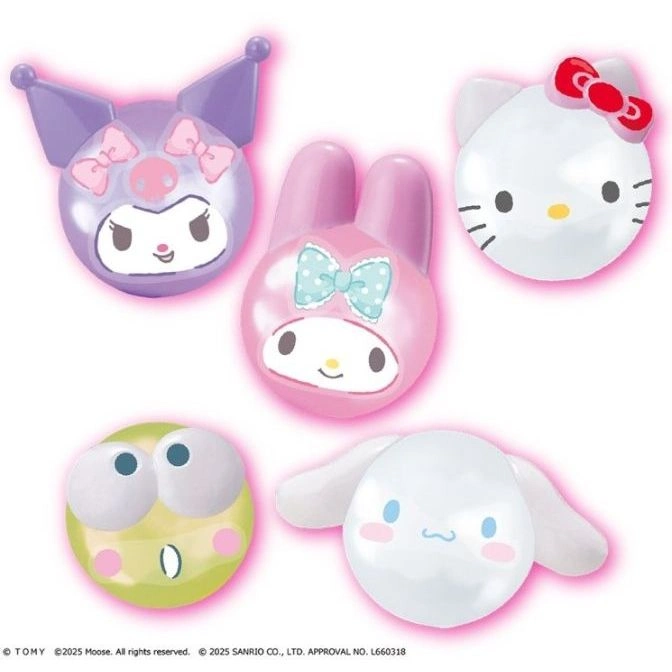  Sanrio character toy collection: Kuromi, My Melody, Hello Kitty, Keroppi, and Cinnamoroll.