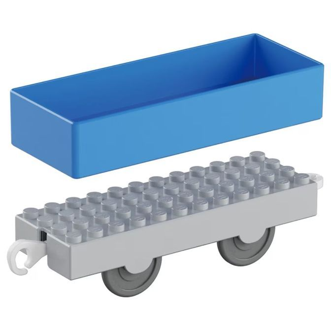  Blue toy container and gray toy train car with wheels and connector.
