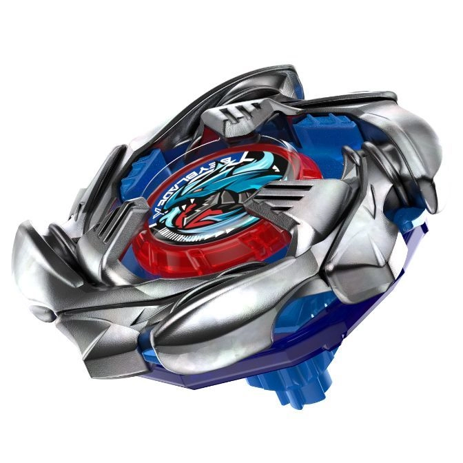 Blue, red, and silver Beyblade toy with a dragon design.