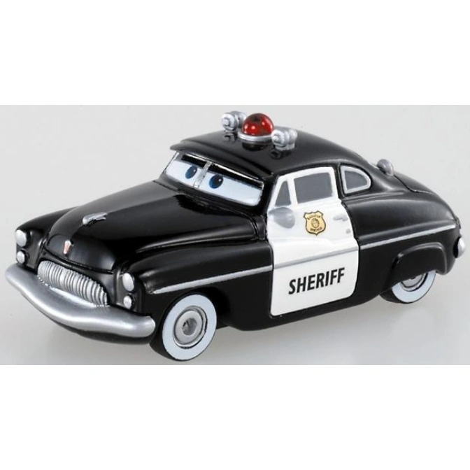  Sheriff from Cars toy car. Black and white police car with eyes and a red light on top.