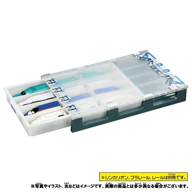  Toy train storage case with model trains inside. Drawer is partially open.