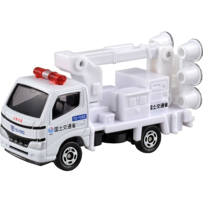 White toy TEC-FORCE truck with red lights and a crane arm.