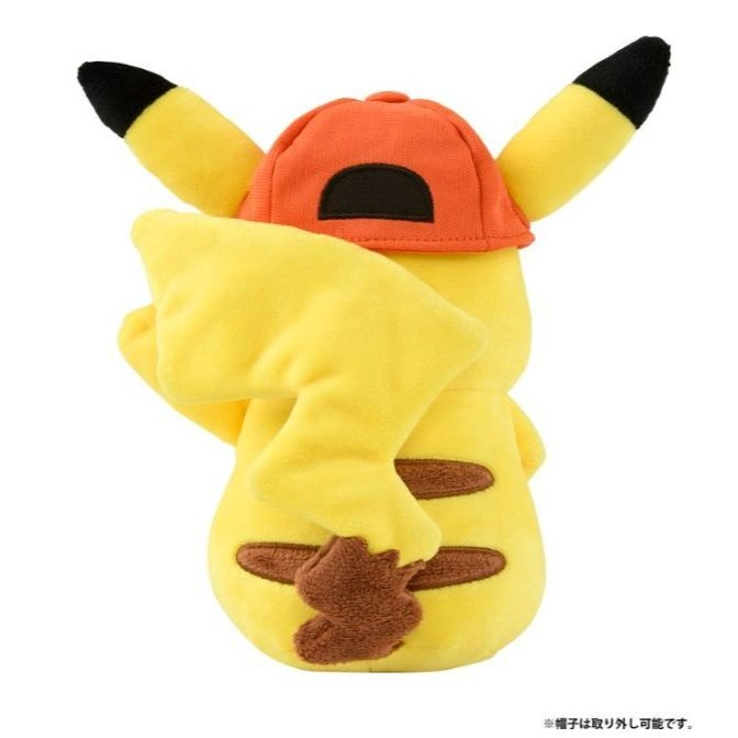  Pikachu plush toy wearing an orange baseball cap, seen from the back.