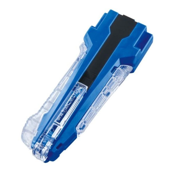 Blue Beyblade launcher with clear casing and black grip.