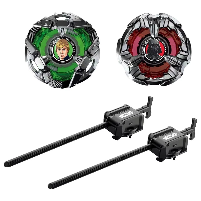 Star Wars Beyblade set with Luke Skywalker and Darth Vader tops, plus two launchers.