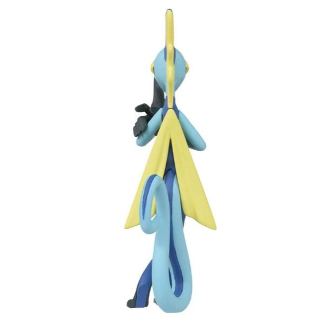 Back view of a blue and yellow Pokemon toy figure with a curled tail.
