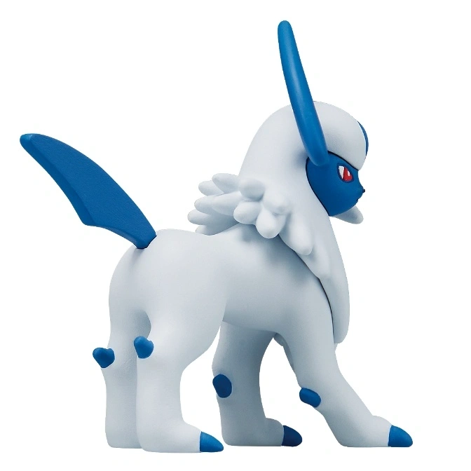  Absol toy figure with white fur and blue accents, standing.