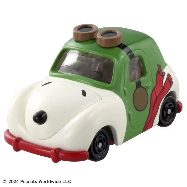 Snoopy's green and white toy car with goggles and Woodstock's feet painted on the side.