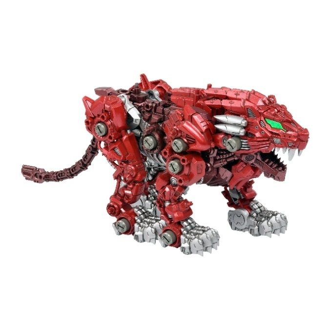  Red robotic tiger toy with silver accents and green eyes.
