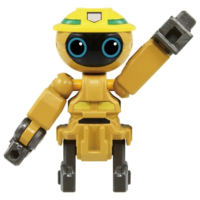  Yellow robot toy with hard hat, black face, and blue eyes raising one arm.