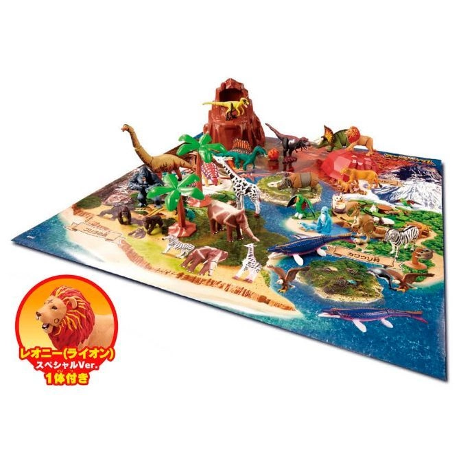 Toy set with dinosaurs, animals, volcano, and island playmat. Includes special lion figure.