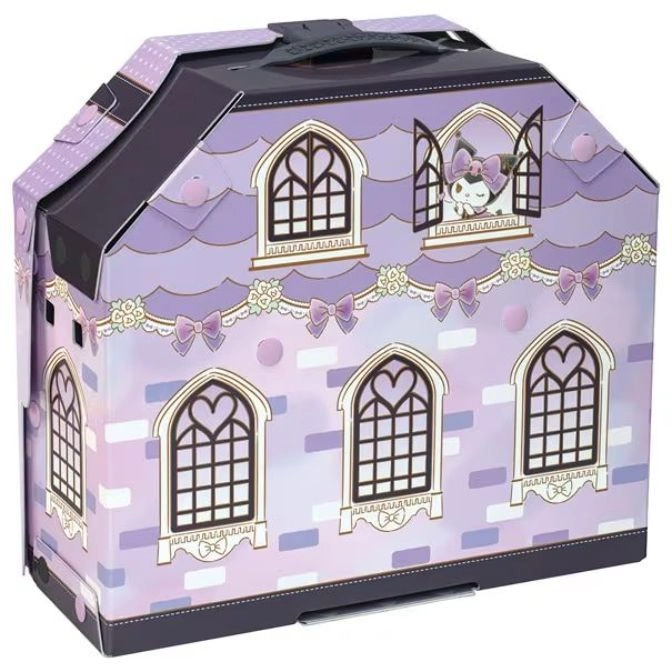  Purple toy house with windows and a character peeking out, designed like a gothic building.