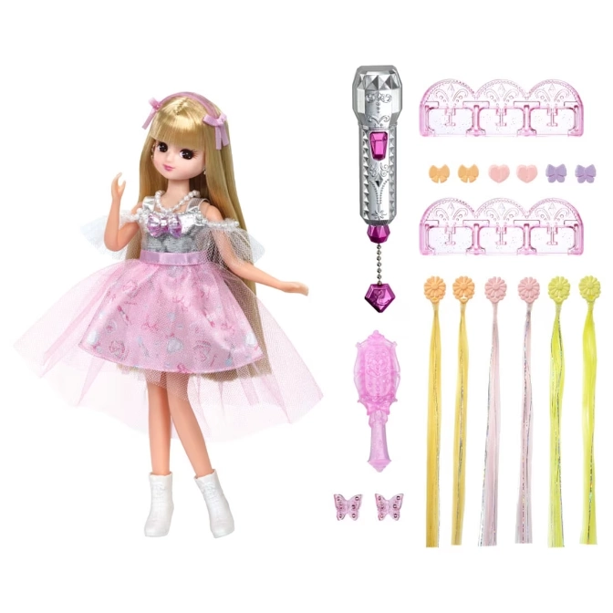  Licca-chan doll with pink dress and accessories: hair clips, extensions, wand, and brush.