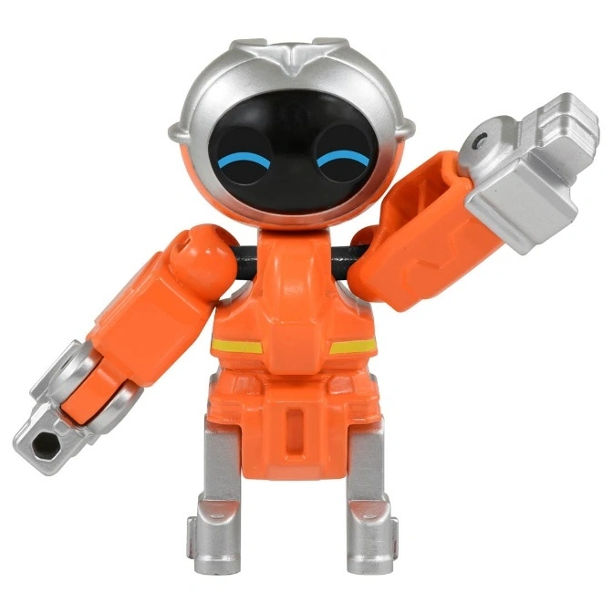  Orange and silver robot toy with blue eyes and articulated limbs.