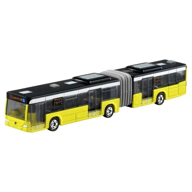  Yellow and black articulated toy bus with accordion connector.