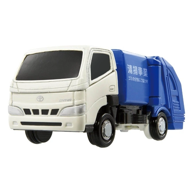 Toy garbage truck, white cab, blue container, Japanese text on side.