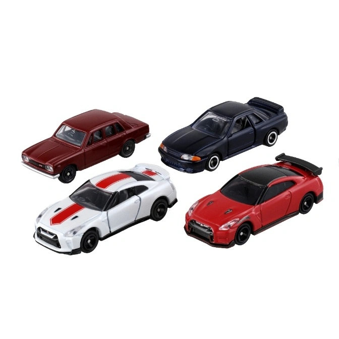Four toy Nissan cars: a maroon sedan, a black coupe, and two GT-Rs in white and red.