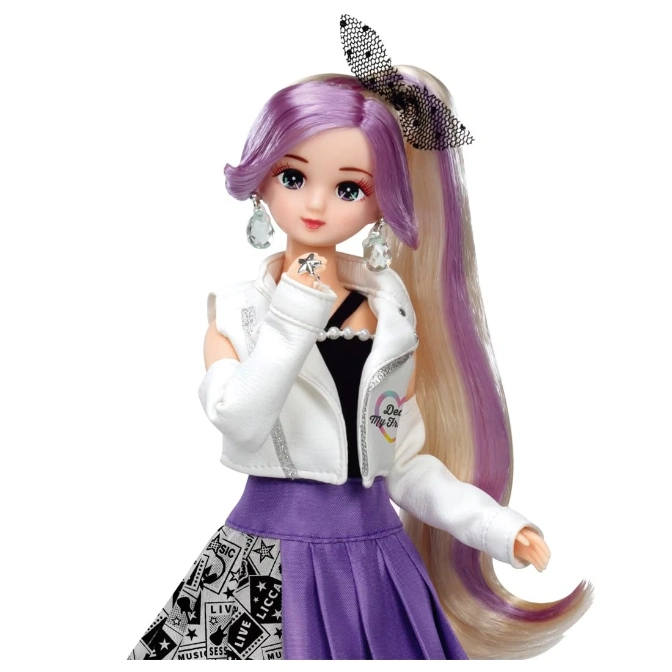  Licca doll with purple hair, white jacket, and music-themed skirt.