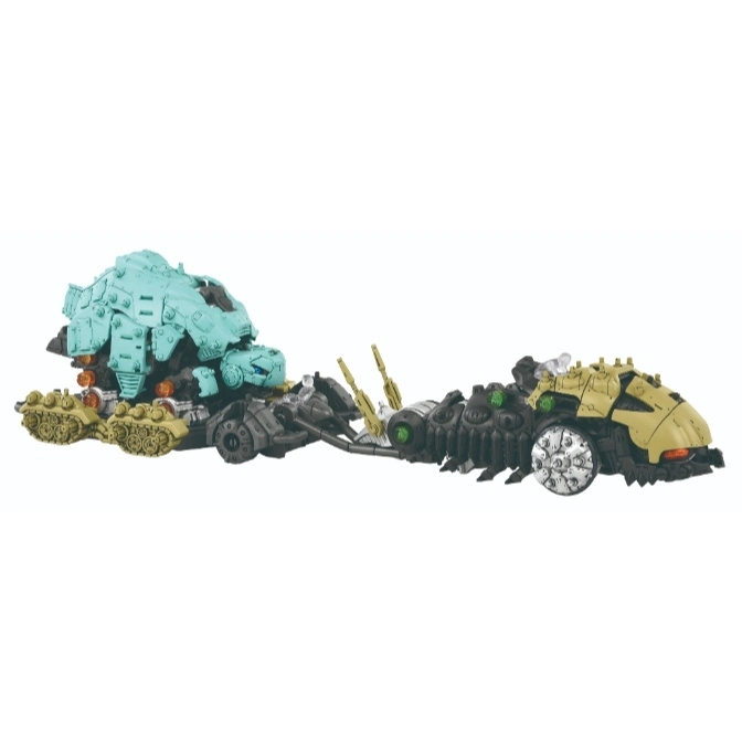  Zoids toy: A green tank pulls a tan car with a spiky, segmented body.